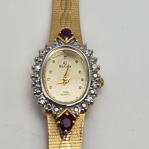 Vintage Elgin Gold Tone Ruby & White Sapphire Watch